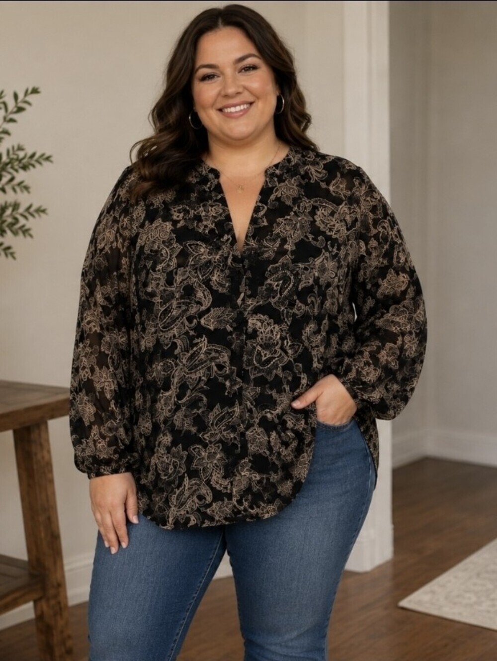 *Catherines 3X Black Beige Paisley Print Blouse Plus Size 26/28W Stretch